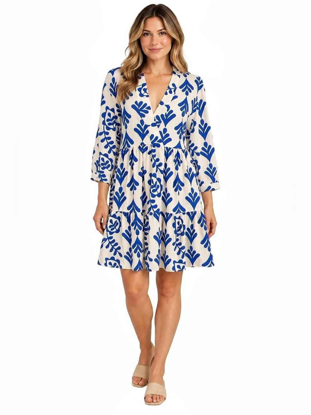 ZARA Blue White Botanical Leaf Print Tiered Mini Dress Large EUC